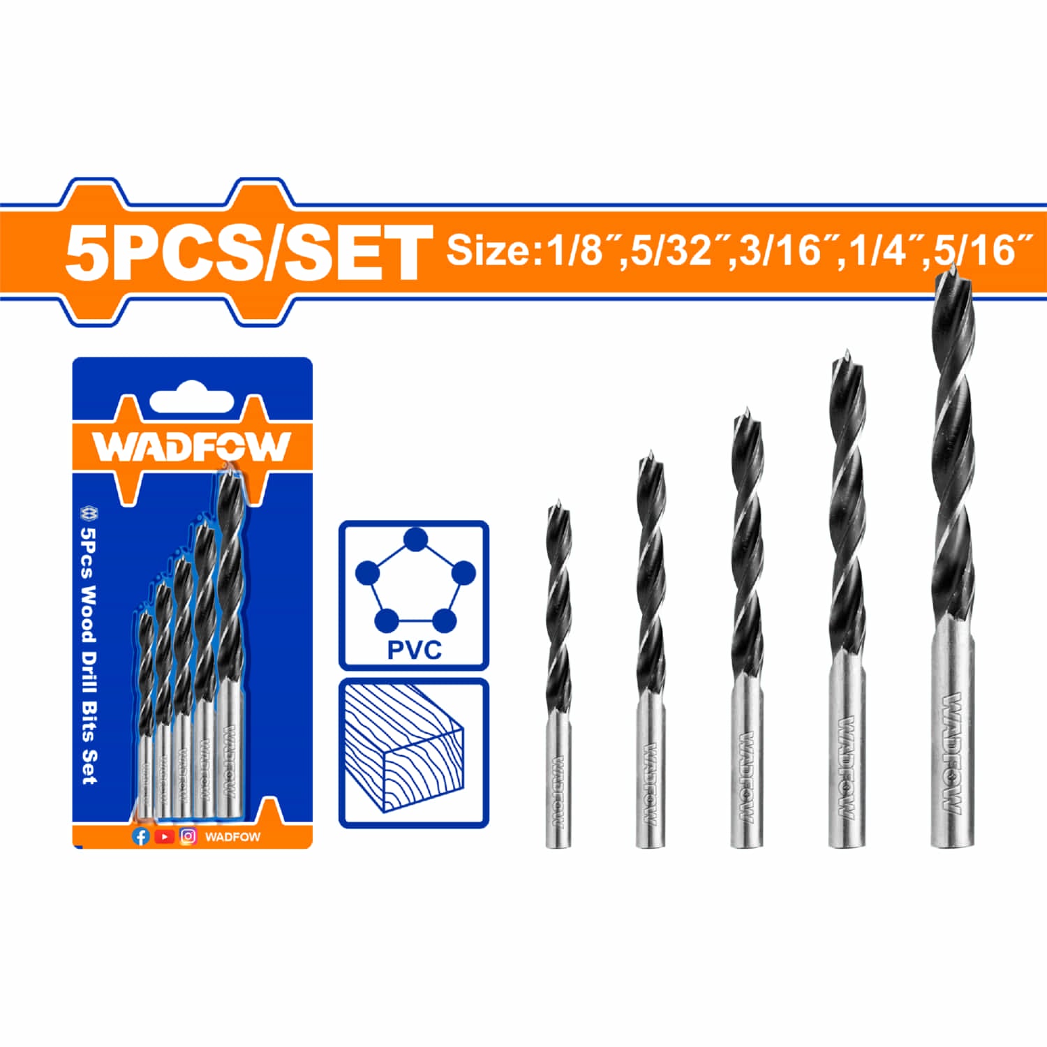 Brocas para madera tipo gusano. 5 pzas. Tamaños: 1/8",5/32",3/16",1/4", 5/16".