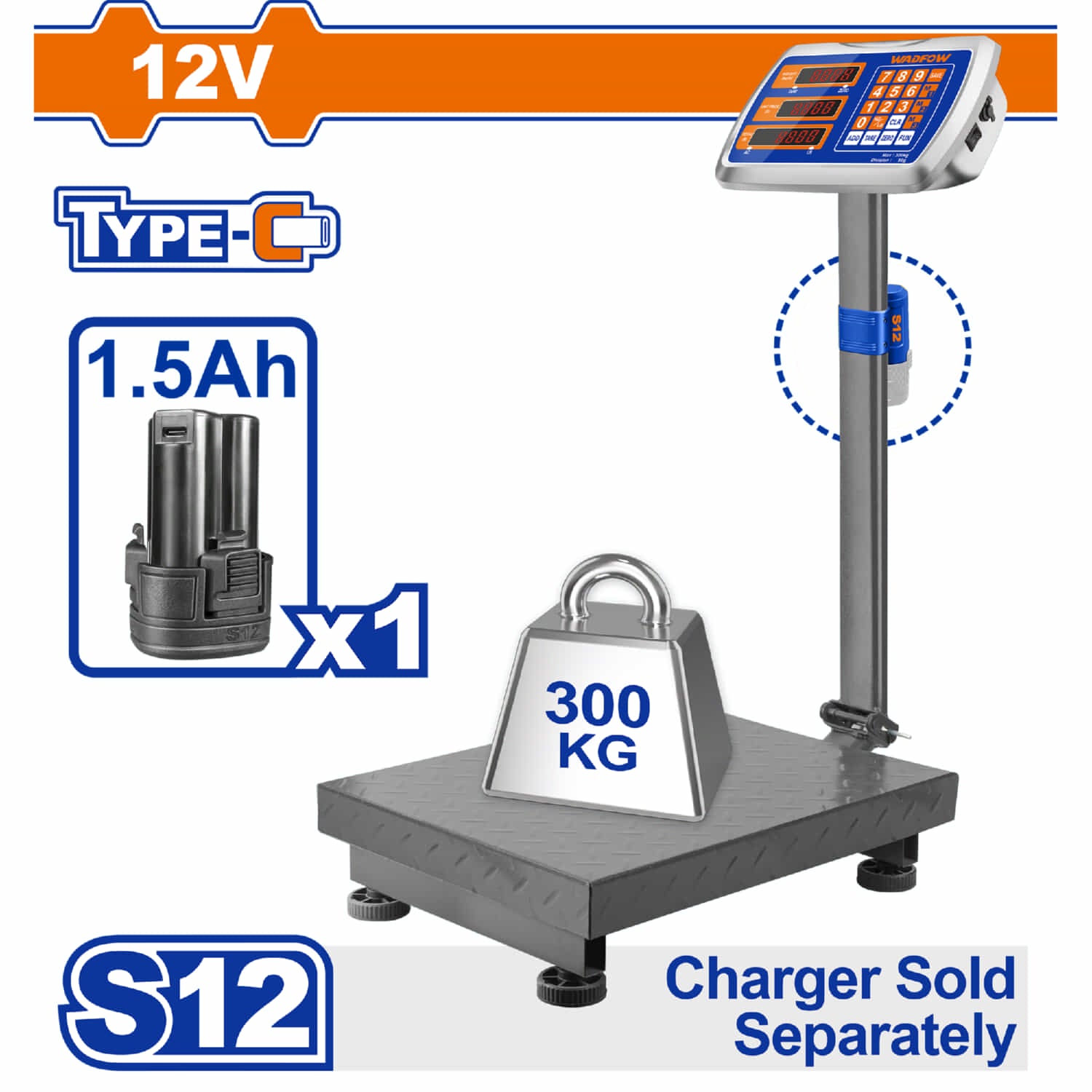 Báscula Industrial Plataforma de Piso,50g/300kg. Pantalla LED. Batería 1.5Ah 12V. Cargador separado