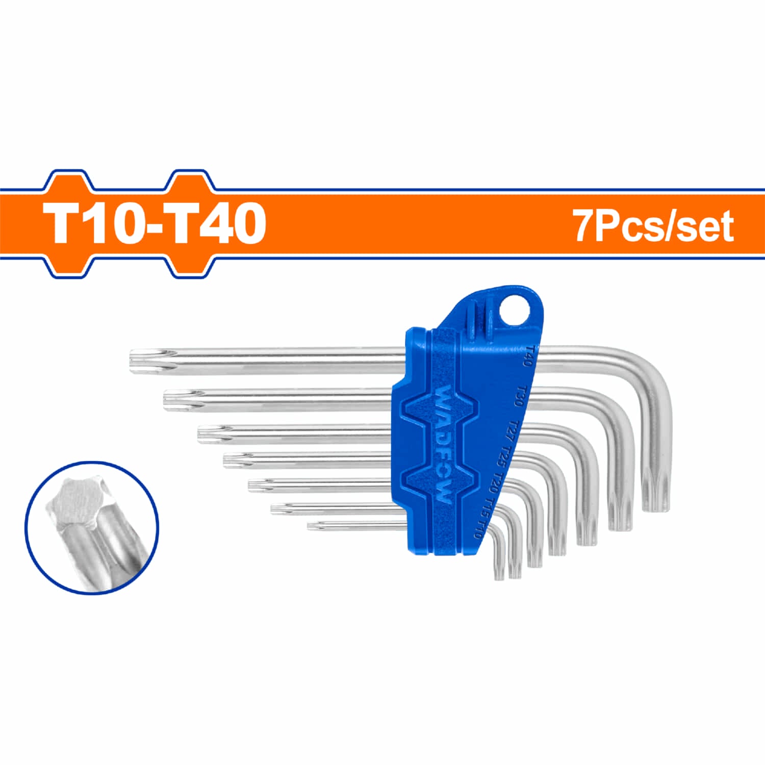 Llaves Torx de brazo corto de 7 pzs. Medidas: T10-T40. Acero al carbono (Juego)