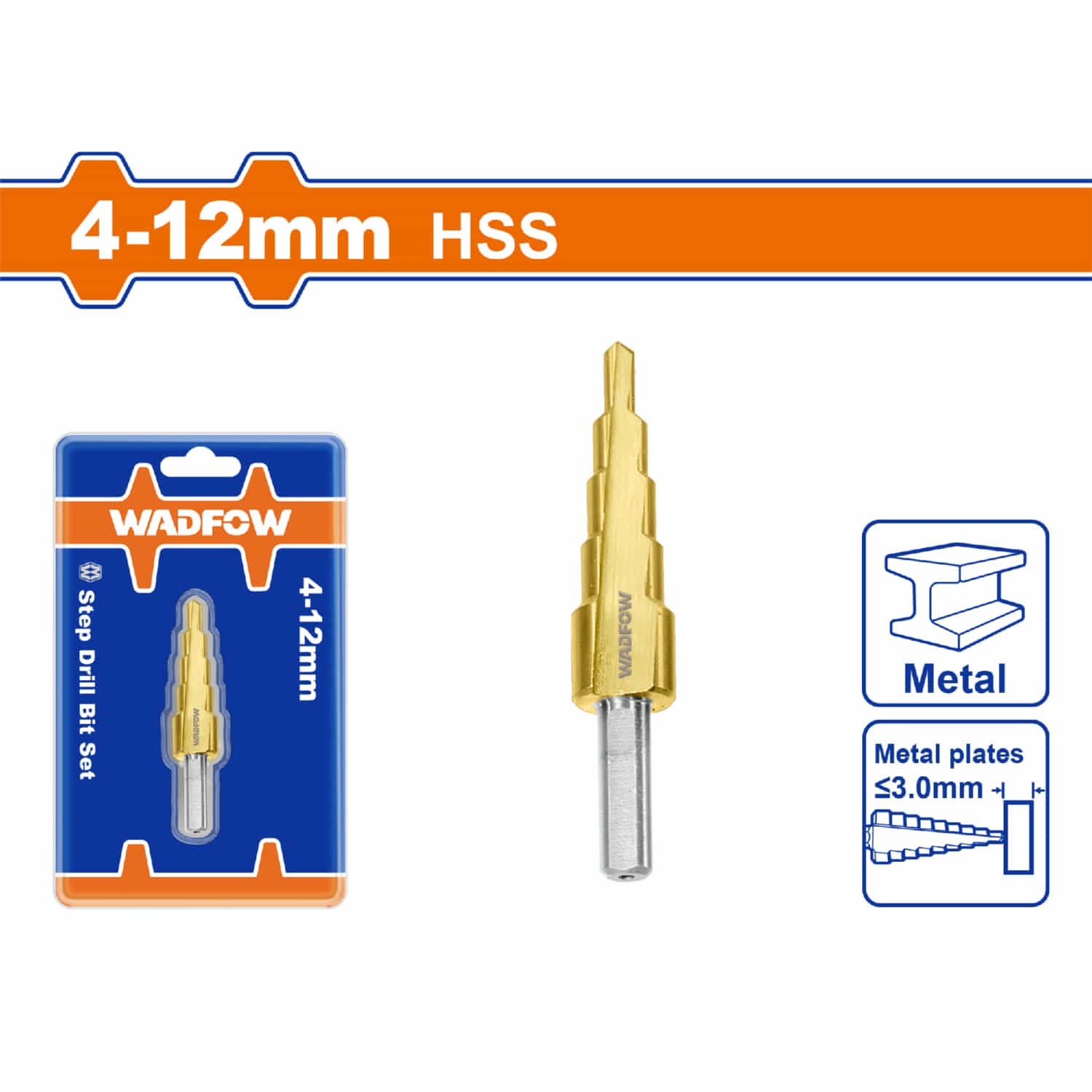Broca escalonada 4-12mm. Vástago redondo. Pasos: 2mm. Diámetro 6mm.