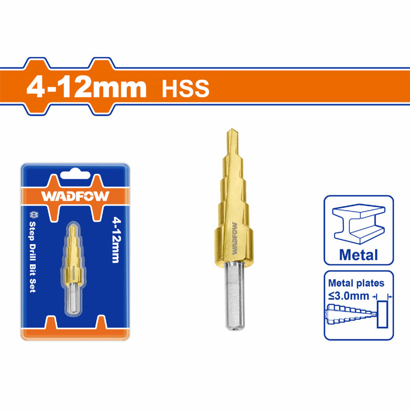 Broca escalonada 4-12mm. Vástago redondo. Pasos: 2mm. Diámetro 6mm.