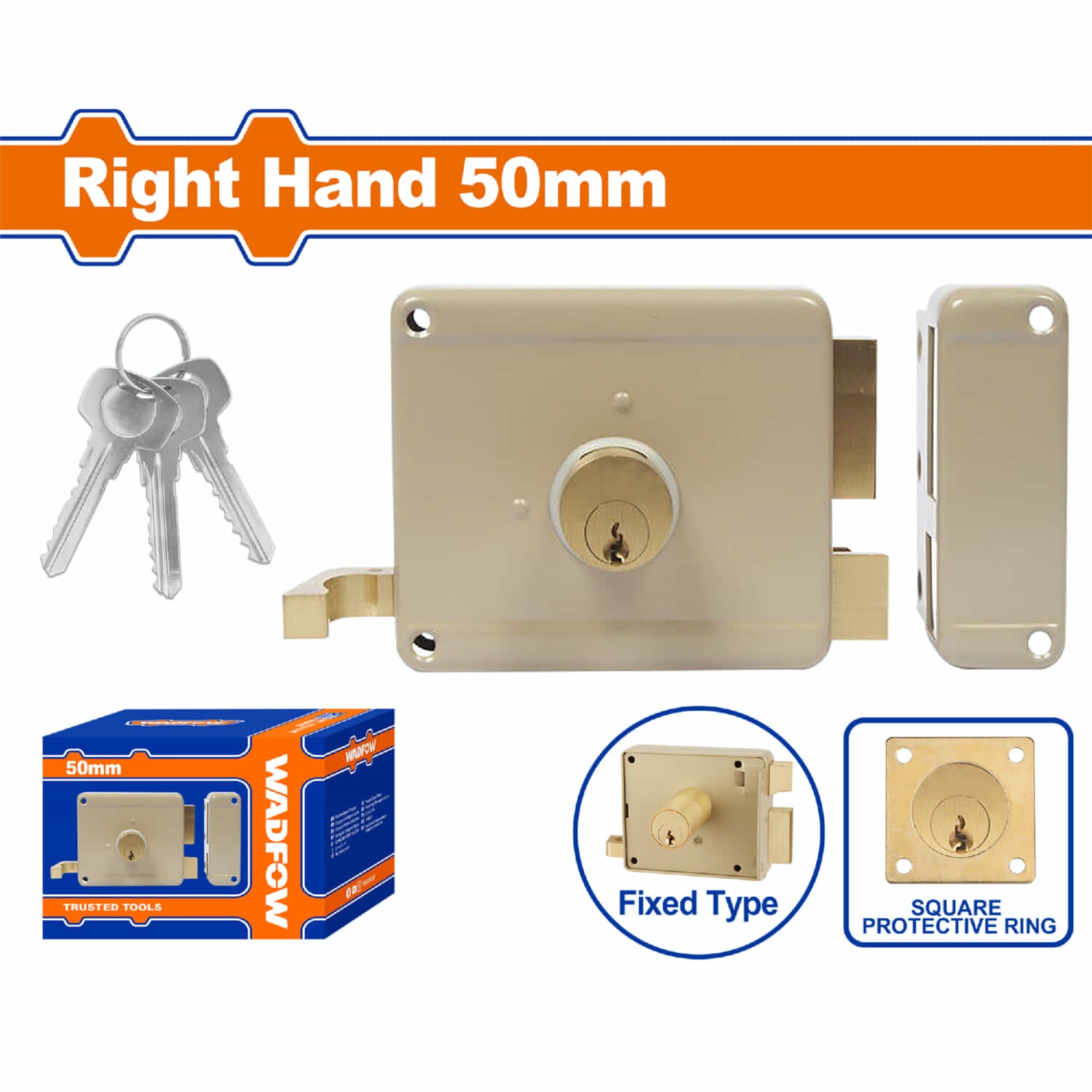 Cerradura de sobreponer para puertas. Cilindro Fijo. Lado Derecho de 50mm. Incluye 3 llaves.