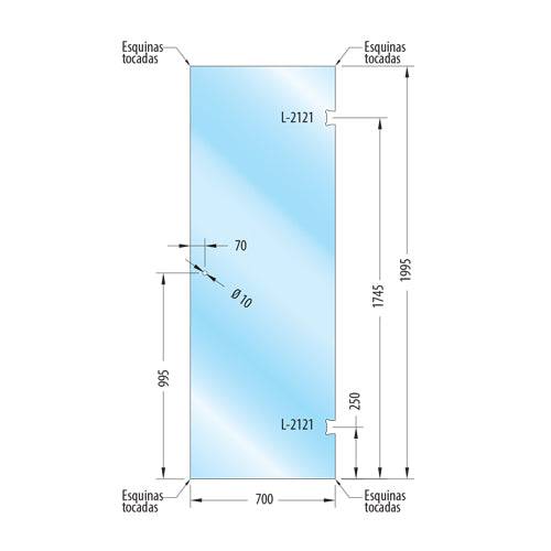 Puerta Baño Templada 10Mm 70X199.5Cm. Con Saque L-2121 Y Boton