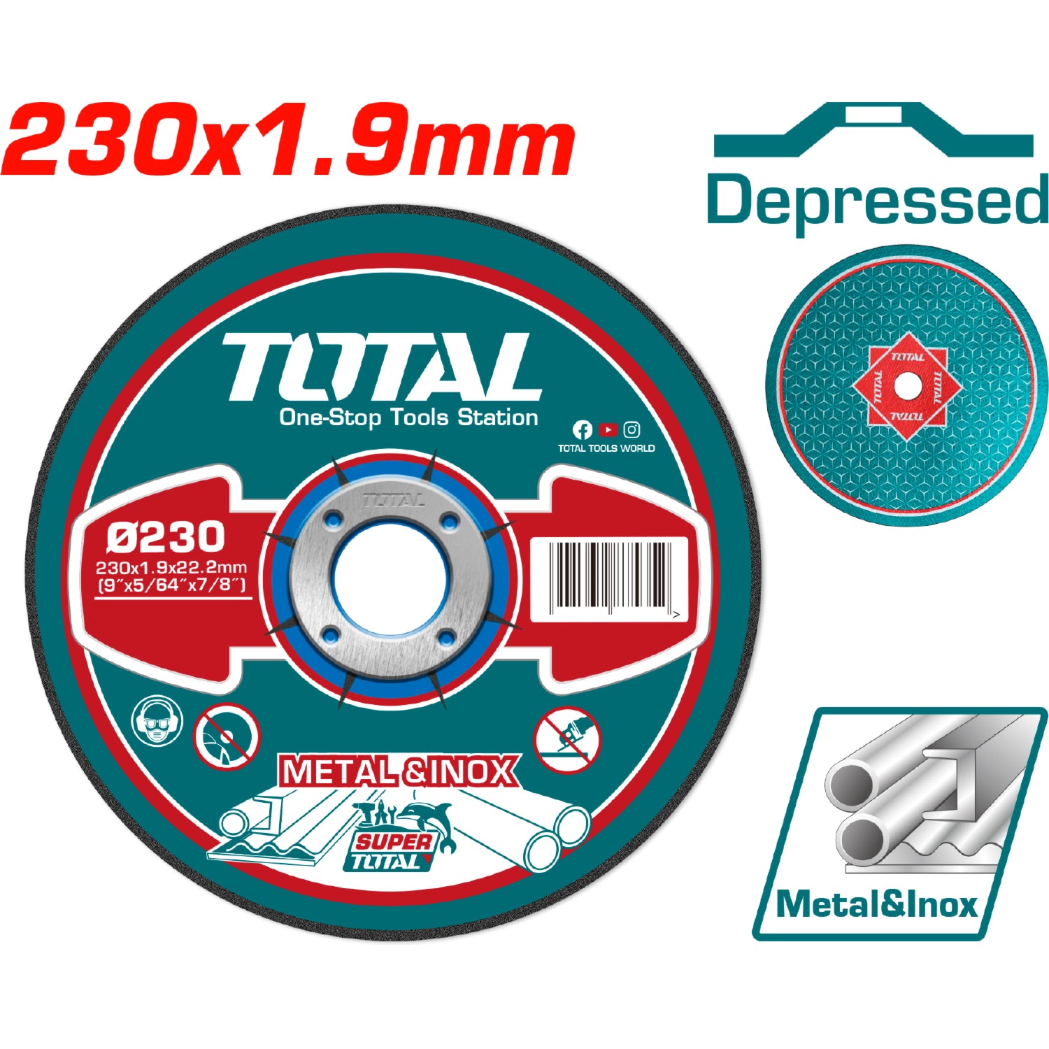 Disco corte 9" metal y acero inoxidable 230 mm( 9 ")X1.9 mm(5/64")X22.2 mm(7/8")  Concavo. (1 pza)