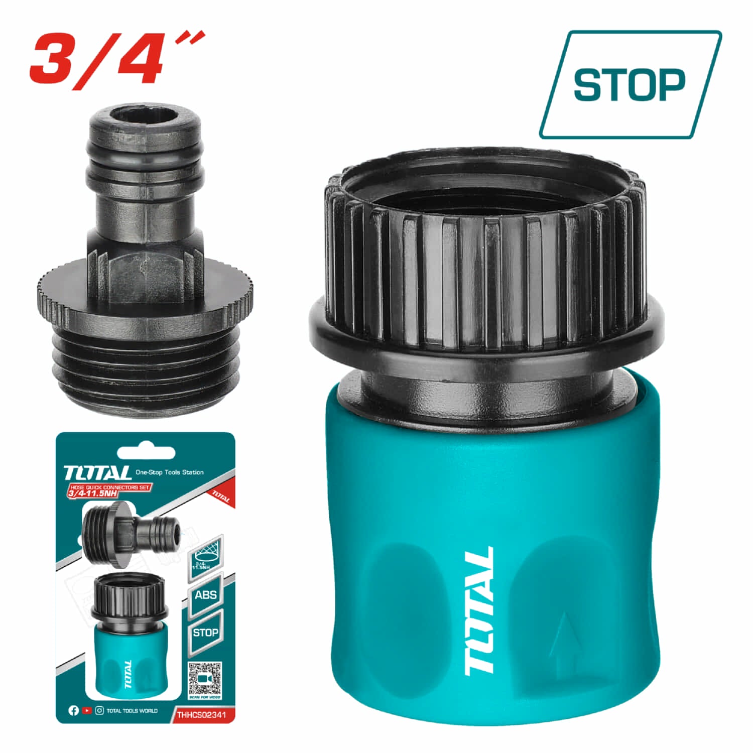 Conector rápido para manguera 3/4" con sistema de detención de agua. 2 piezas.