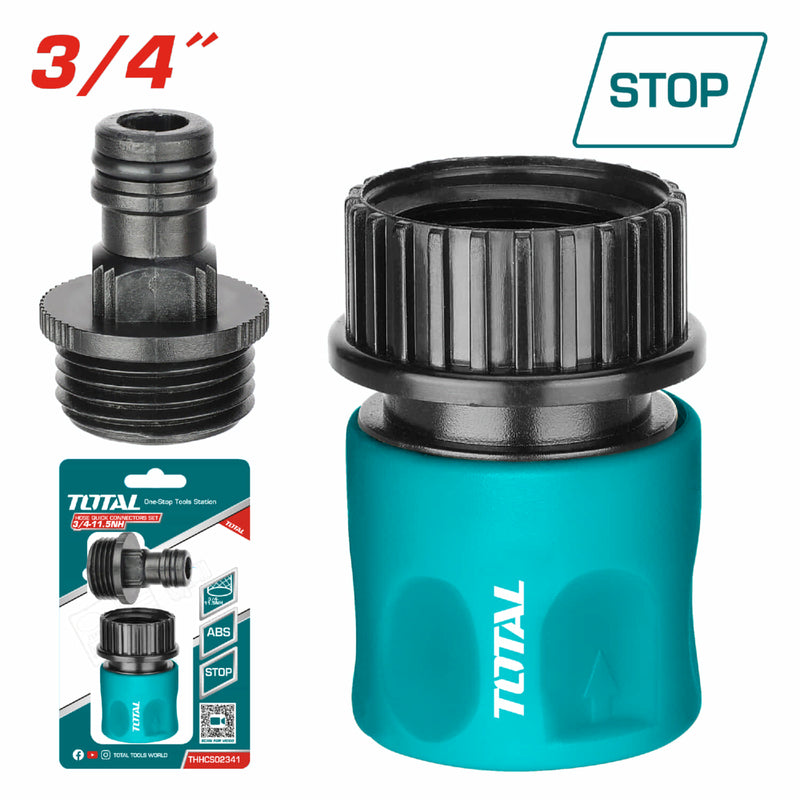 Conector rápido para manguera 3/4" con sistema de detención de agua. 2 piezas.