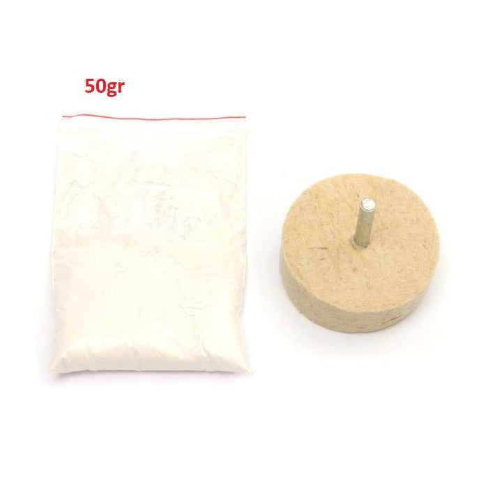 Óxido de Cerio blanco más rueda de fieltro para pulir, 50gr