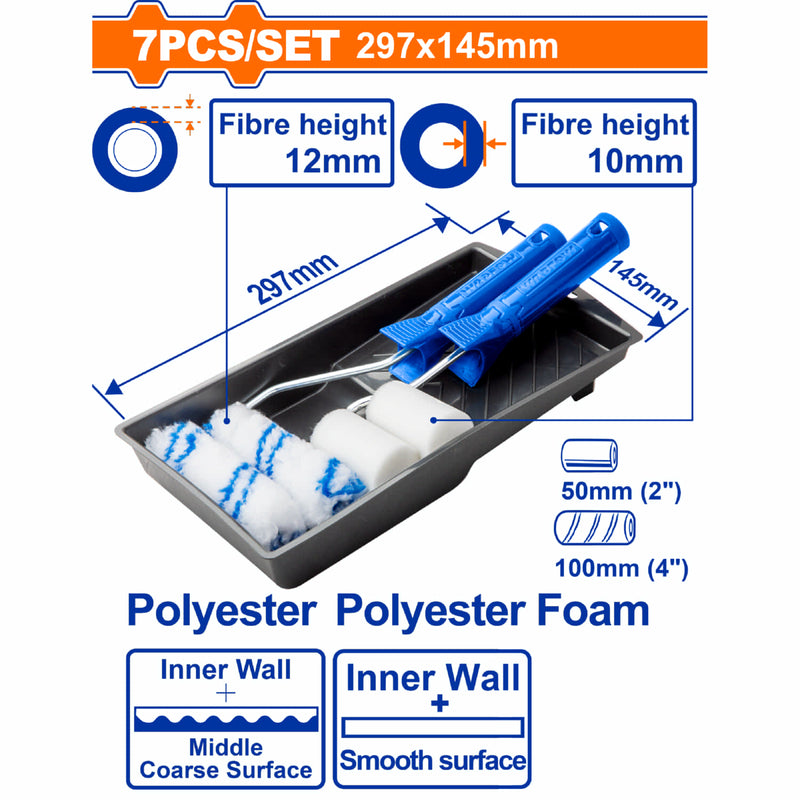 Rodillos y Bandeja para pintar. Set de 7 piezas. Ideal para interiores. Material: Poliéster.