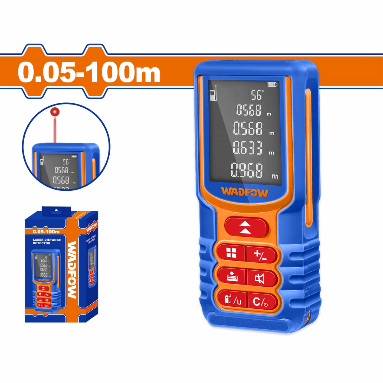Medidor laser rango 0.05-100m. Precisión de medición: ±2.0mm. Con función de apagado.