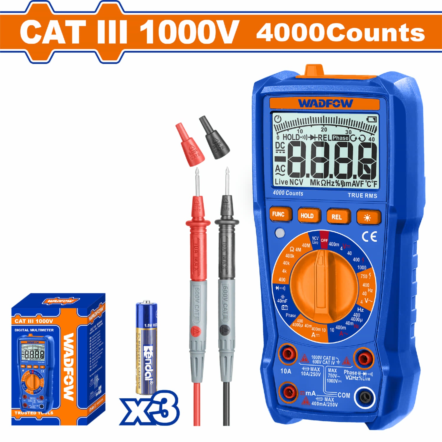 Multímetro digital CAT III 1000V 4000 cont. Función de medición. Apagado automático. Indicador LED.