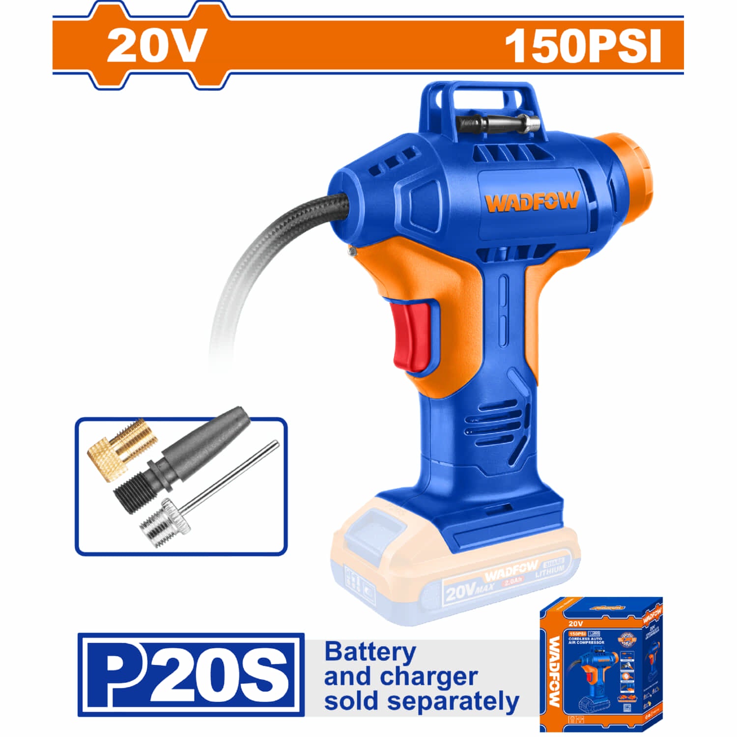 Compresor de Aire Automático 20V 160PSI 11Bar. Trae adaptadores. Batería y cargador por separado. Inalambrico