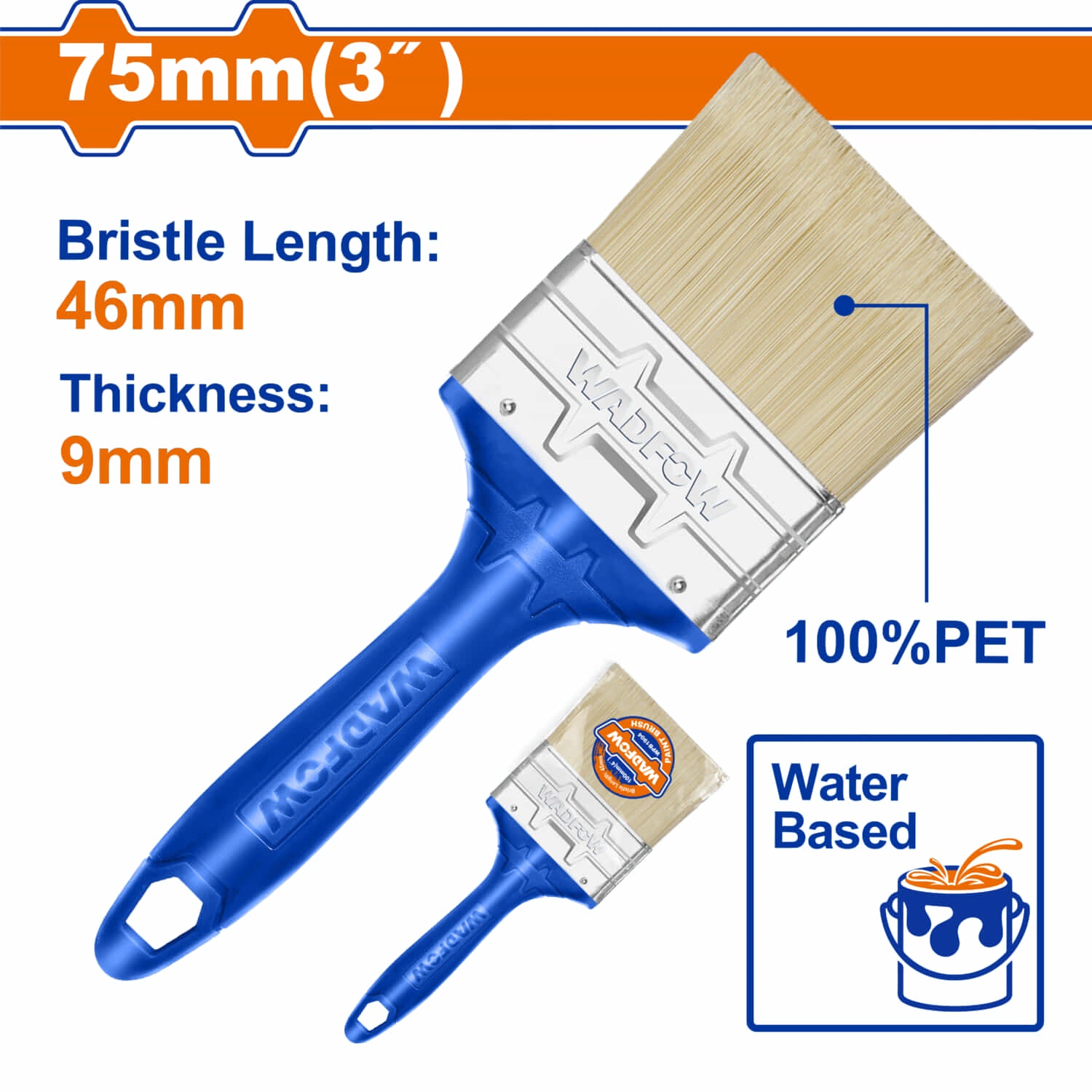 Brocha para pintar 75mm(3"). Cerdas 100% PET. Pintura a base de agua. Long: 46mm. Grosor: 9mm.