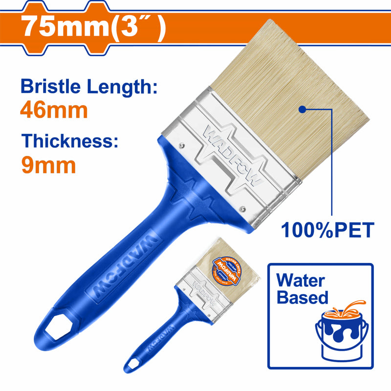 Brocha para pintar 75mm(3"). Cerdas 100% PET. Pintura a base de agua. Long: 46mm. Grosor: 9mm.