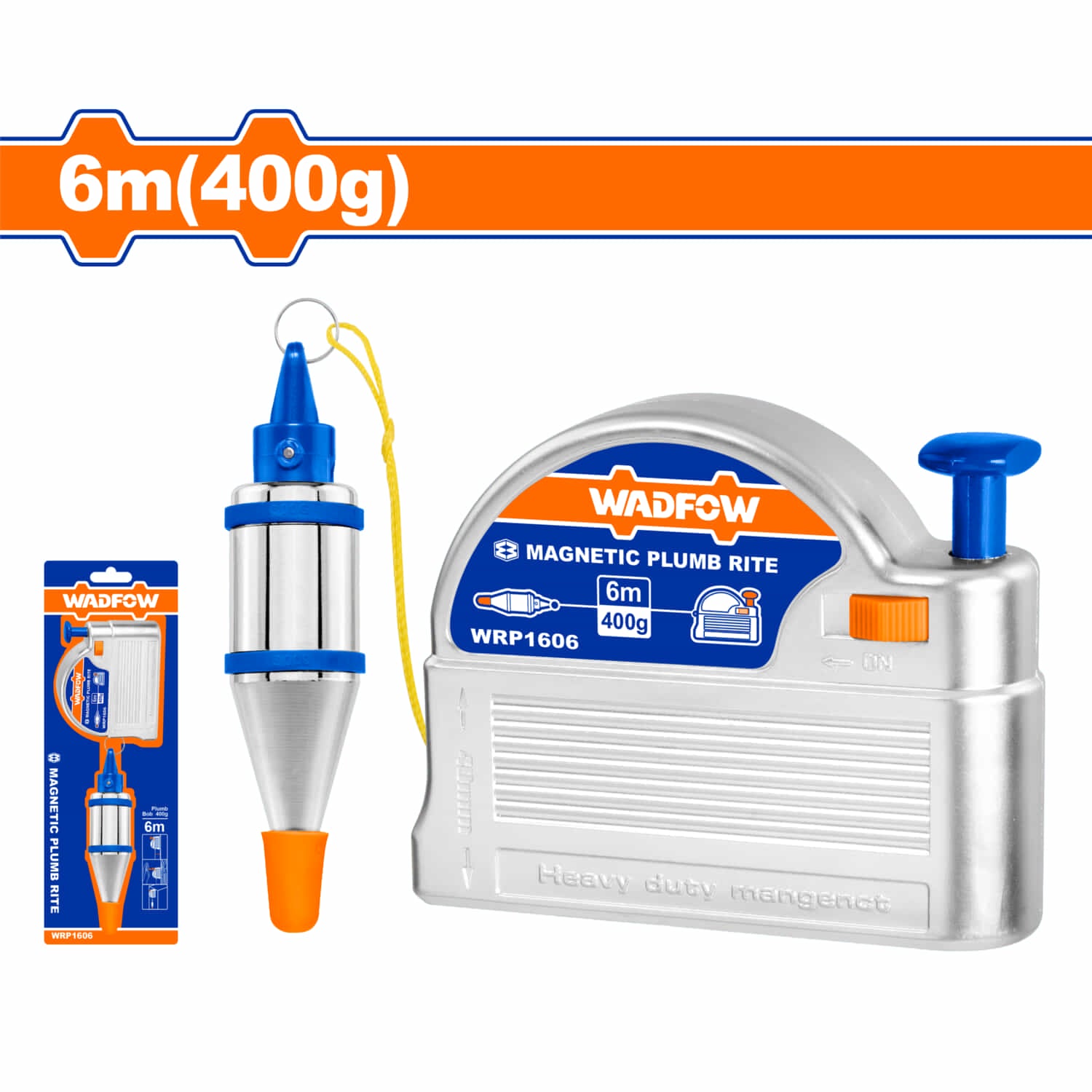 Plomada magnética 6m(400g). Clavija de ajuste para superficies de madera y yeso. Retráctil.