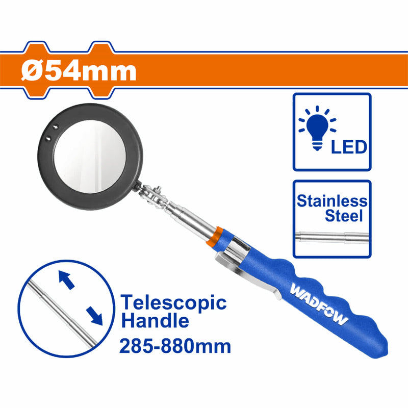 Espejo de inspección Teléscopica con Iluminación LED. Diám: 54mm. Long: 290mm-880mm. Mango PVC.