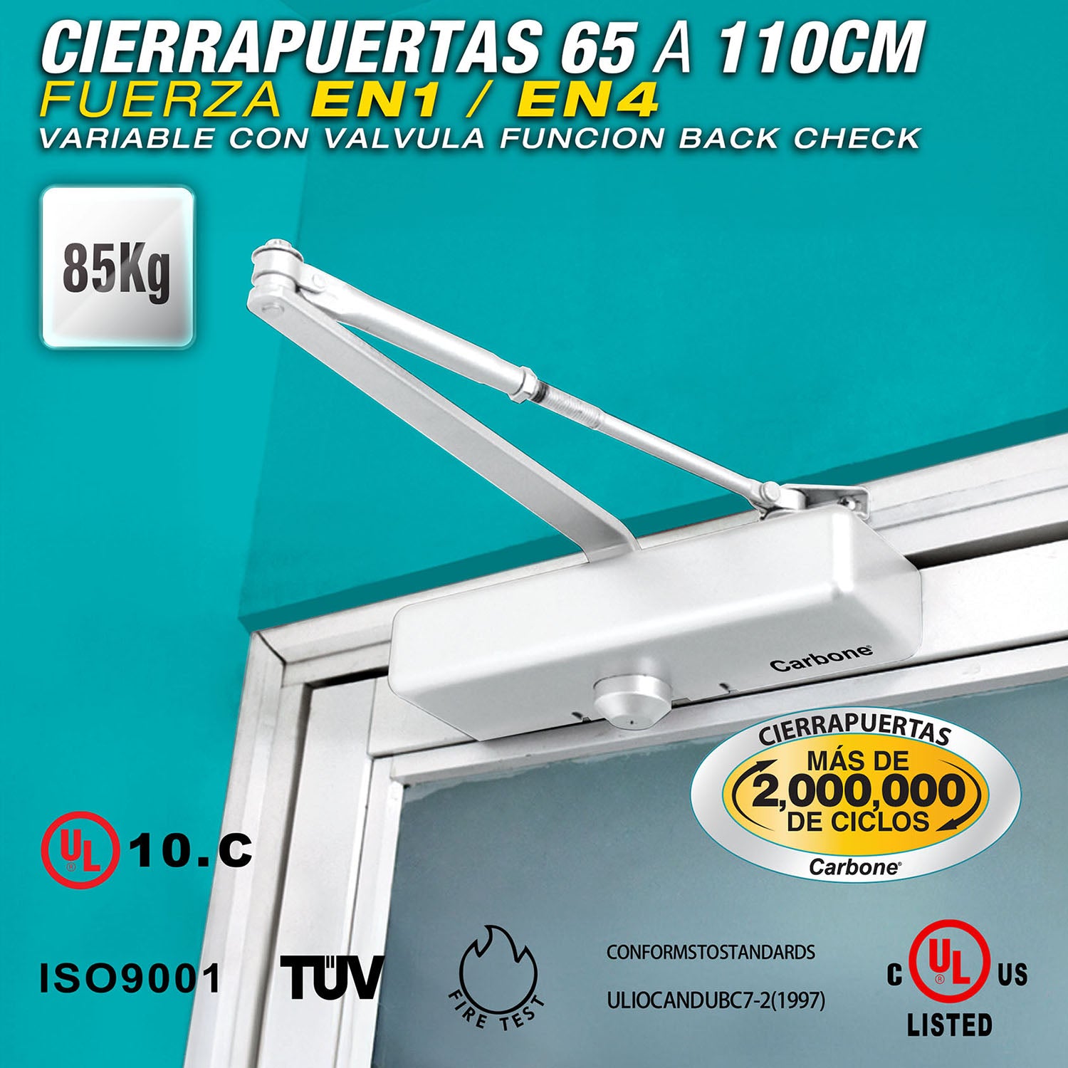 Cierrapuertas para 65a110cm(15-85kg).Fuerza EN1~4 variable con val.Funcion back check(10años)