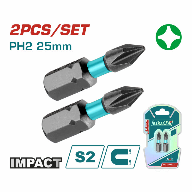 Puntas de Destornillador de Impacto PH2 25mm S2 Set de 2 pzas. Magnético. Tipo Phillips