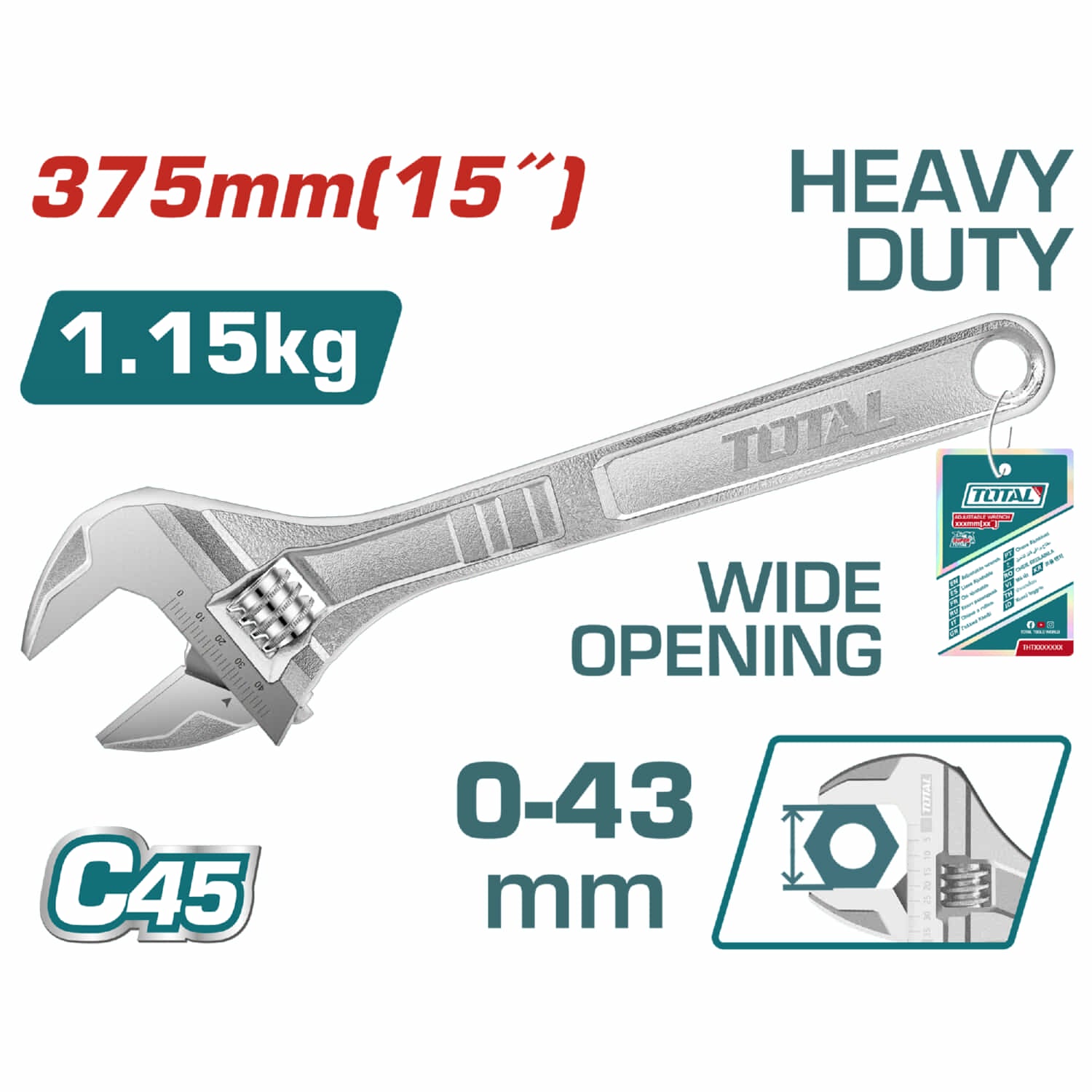 Llave ajustable 15" Ajustable: 0-46mm Acero al Carbono.