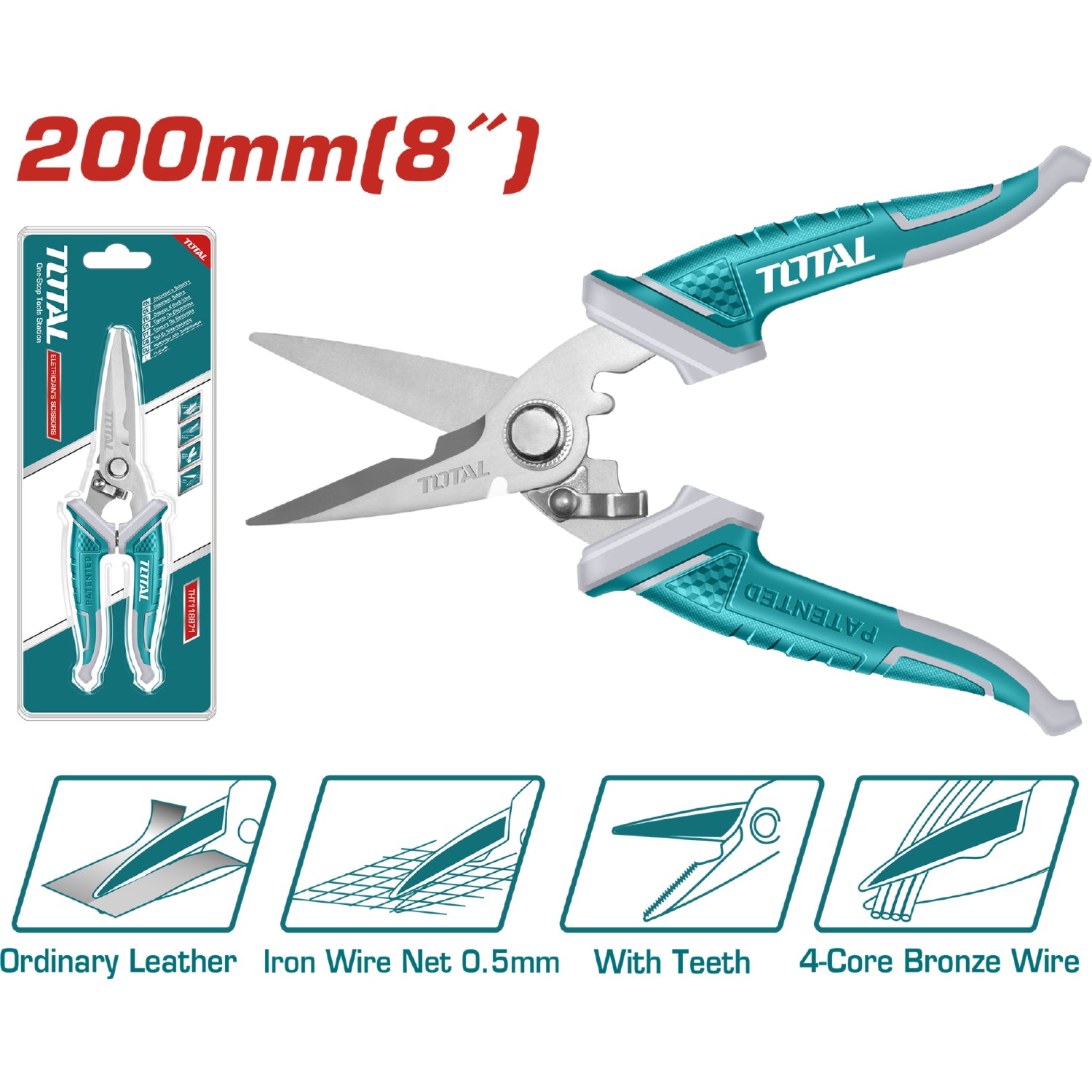 Tijera de electricista 200mm(8"), Acero Inoxidable.