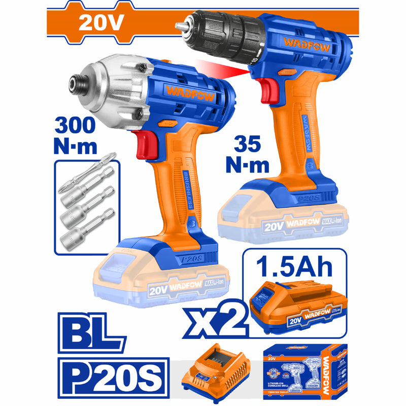 Combo Taladro Inálambrico 1/32-3/8" y Destornillador Impacto.(Motor sin escobillas)20V. Bat/Carg