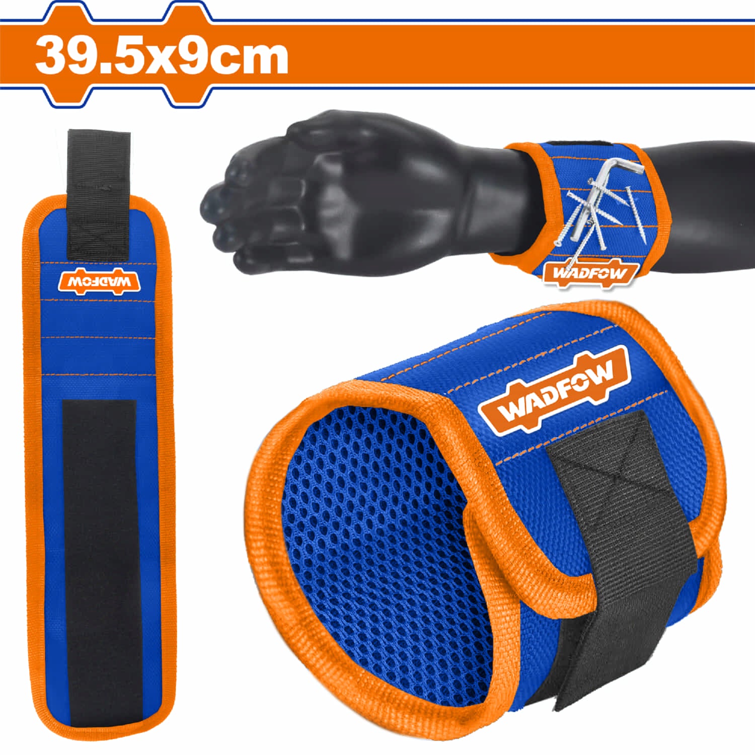 Pulsera magnética ajustable para tornillos 39.5cm x9cm. Incluye 10 imanes fuertes y bolsillo.