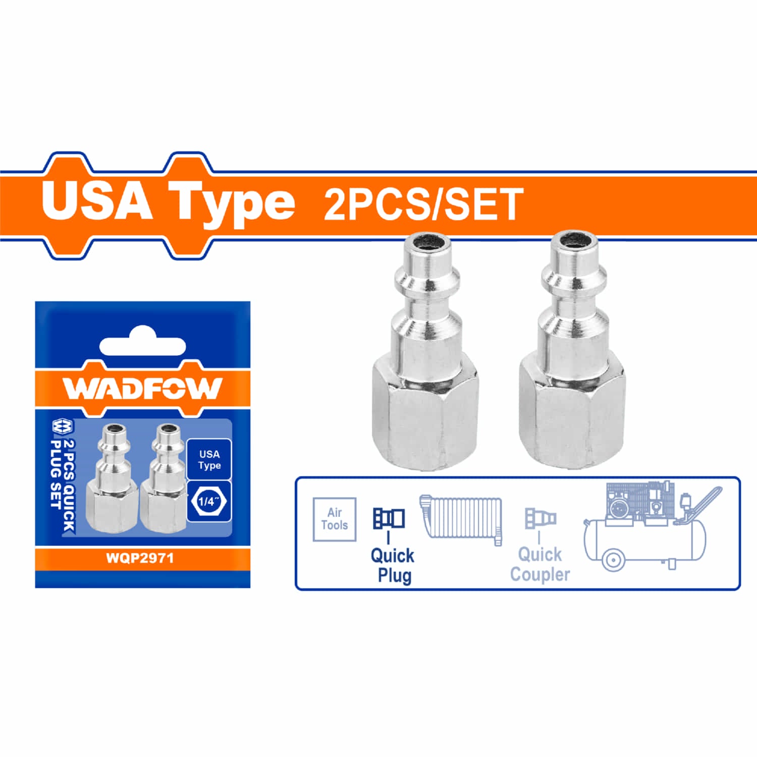 Acoples de aire rápidos 1/4" Tipo Americano. Enchufe tipo hembra. Cromado. Set de 2 piezas. conectores para compresores