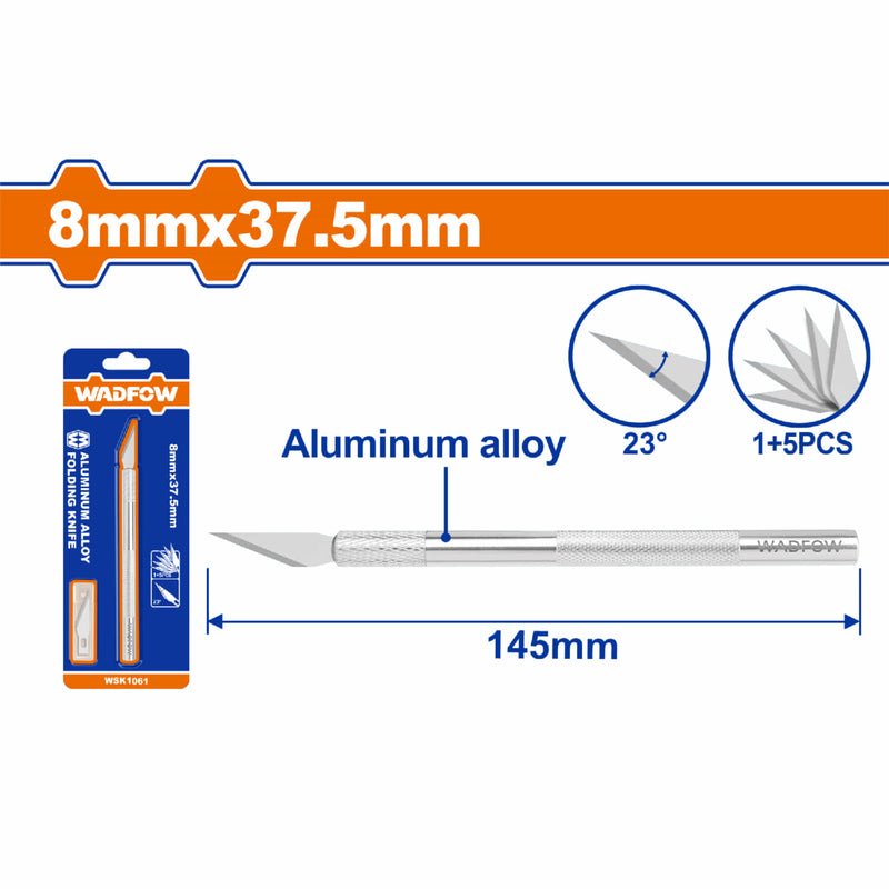 Exacto de precisión 8mmx37.5mm. Aleación de aluminio. Incluye 5 cuchillas SK5. Long.145mm.