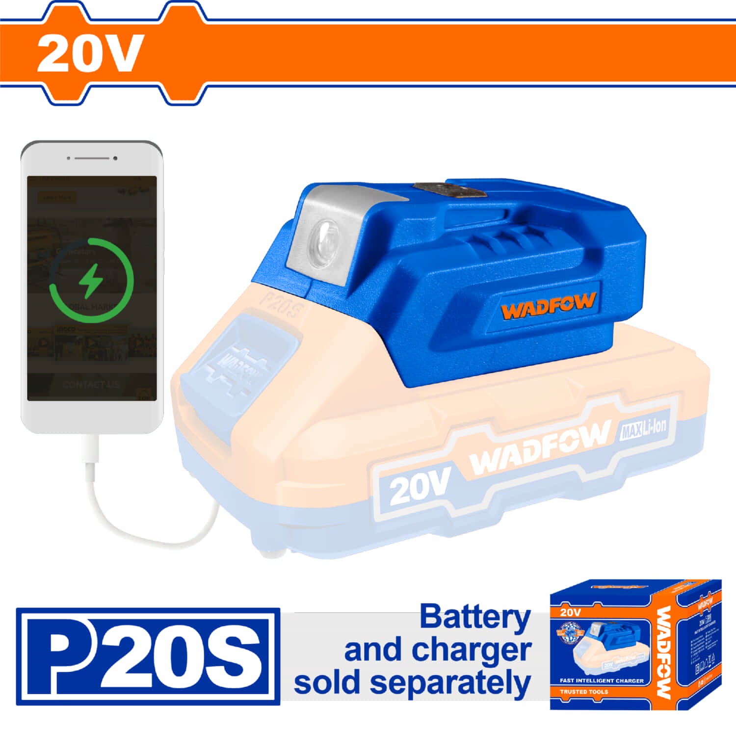 Cargador de celular Fuente de Poder Inalámbrica 20V Función LED. No incluye Batería ni cargador. Adaptador de corriente. UPS