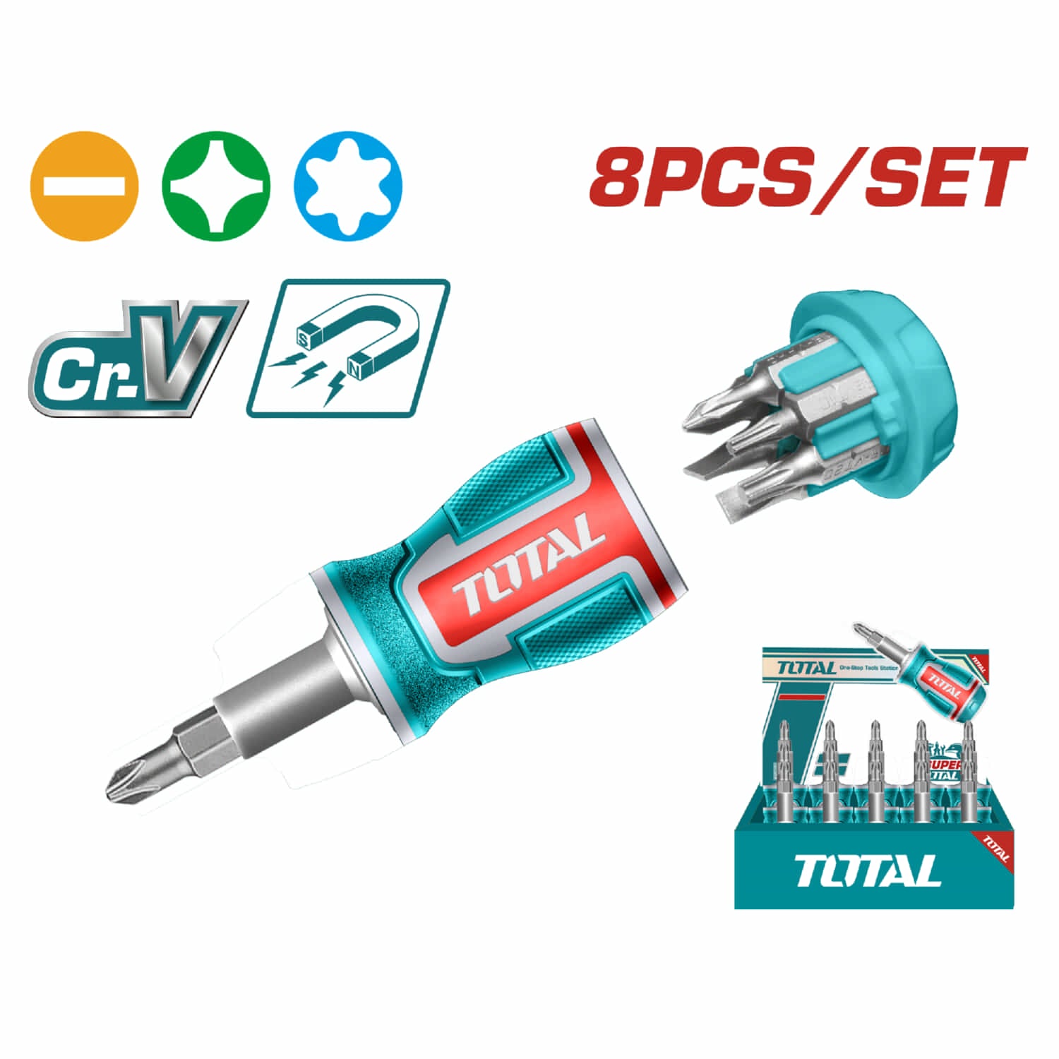 Destornillador Stubby 8 pzs. (Mango ergonómico. 25 mm. SL5,SL6,PH0,PH1,PH2,T10,T20)