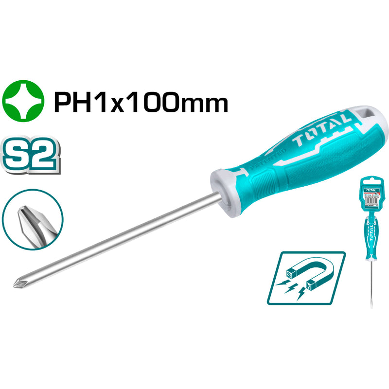 Destornillador de estrella PH1. Diam. 5.0 mm. Largo 100 mm. Material S2.