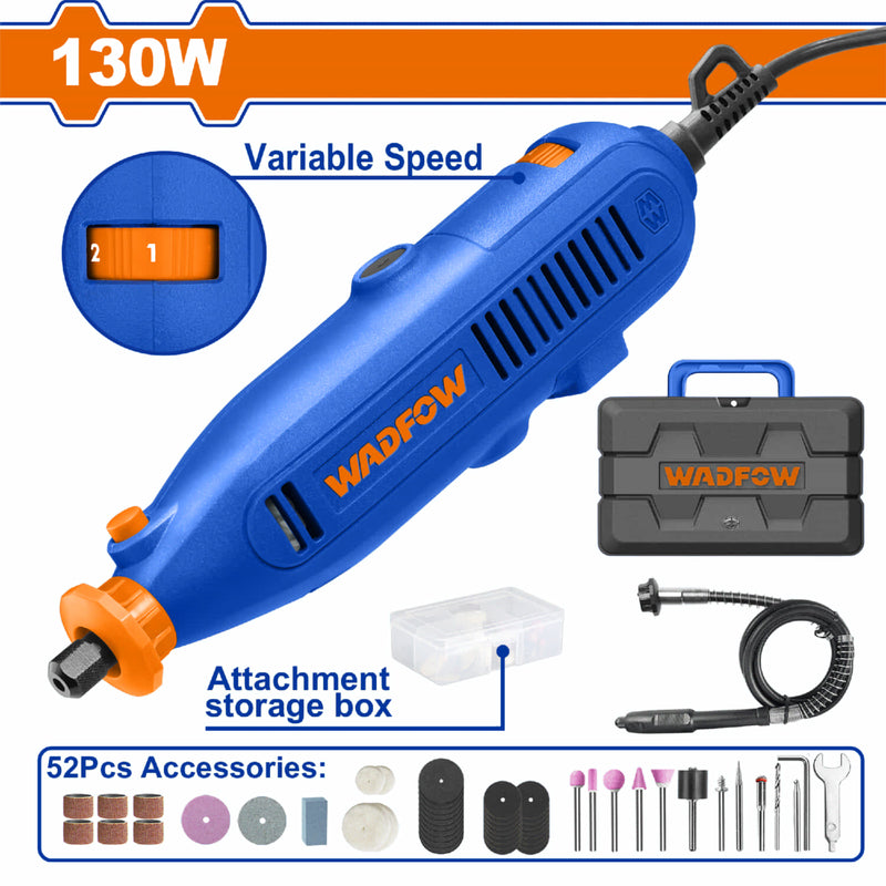 Mini Mototool 130W. Veloc. 8000-35000rpm. Espárragos: 1/8" / 3/32". Veloc. variable. 52 Accs.