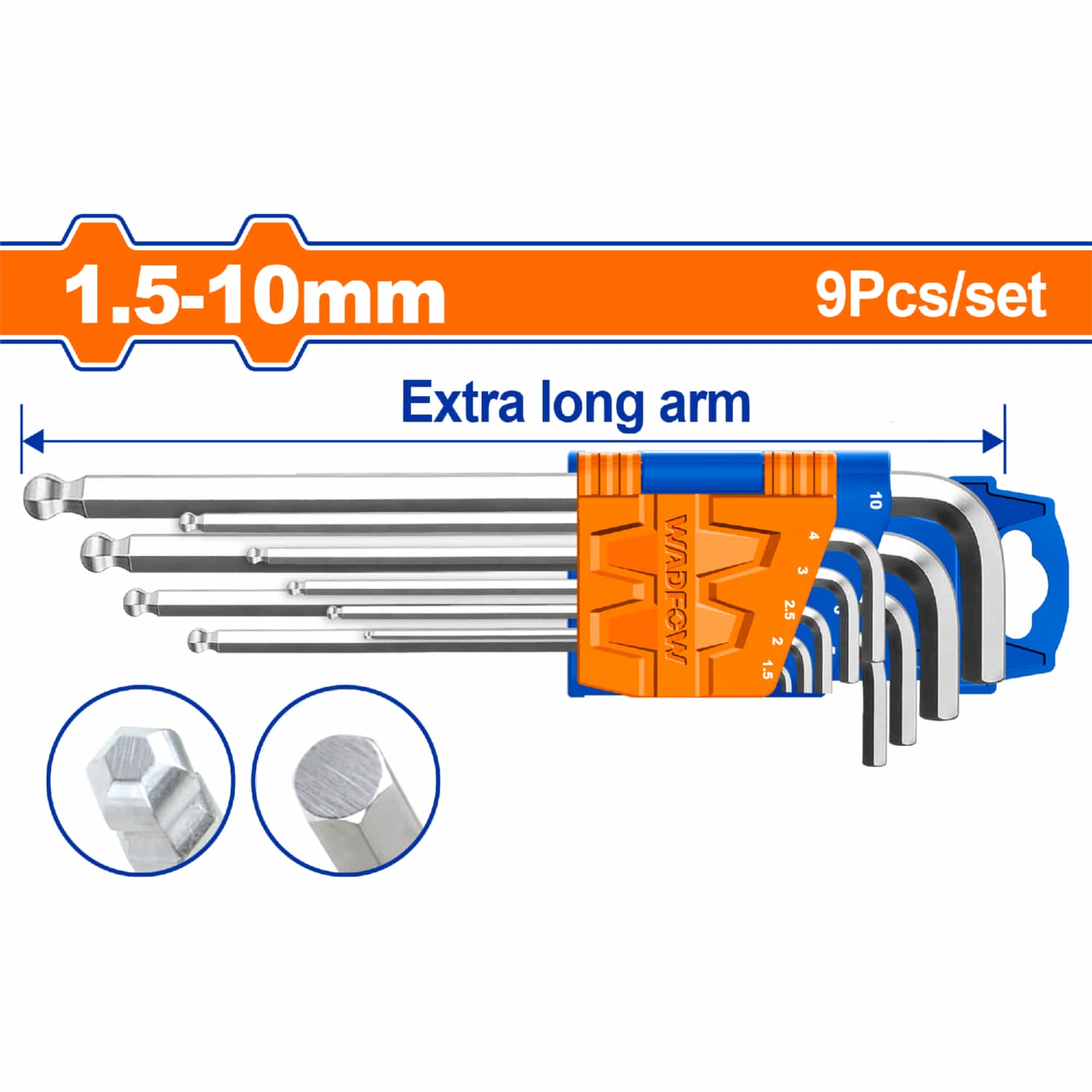 Llaves ALLEN Hexagonales de punta de bola. Brazo extra largo (9 pzas) 1.5-10mm. Cr-V (Juego)