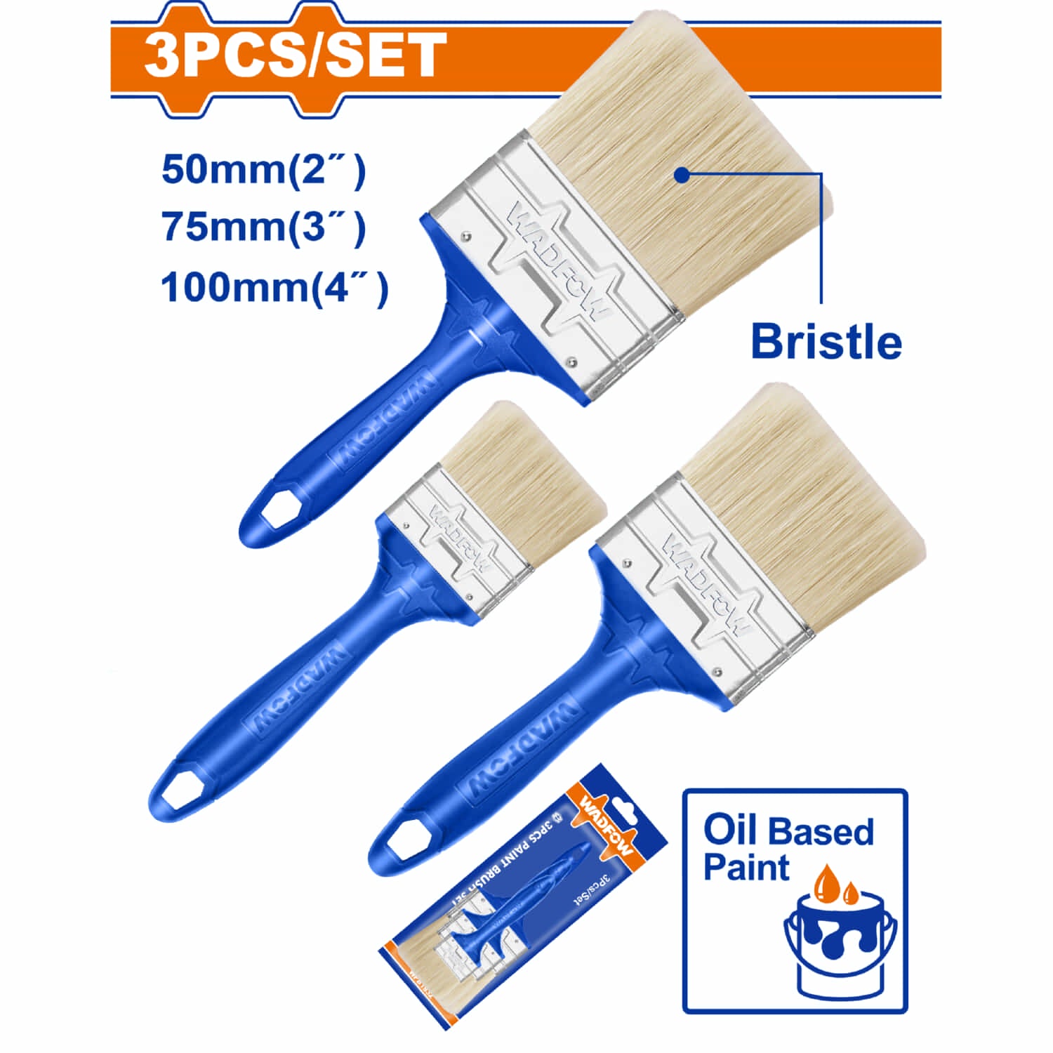 Brochas para pintar 50mm,75mm,100mm. Pintura a base de aceite. Mango de plástico. Set de 3.
