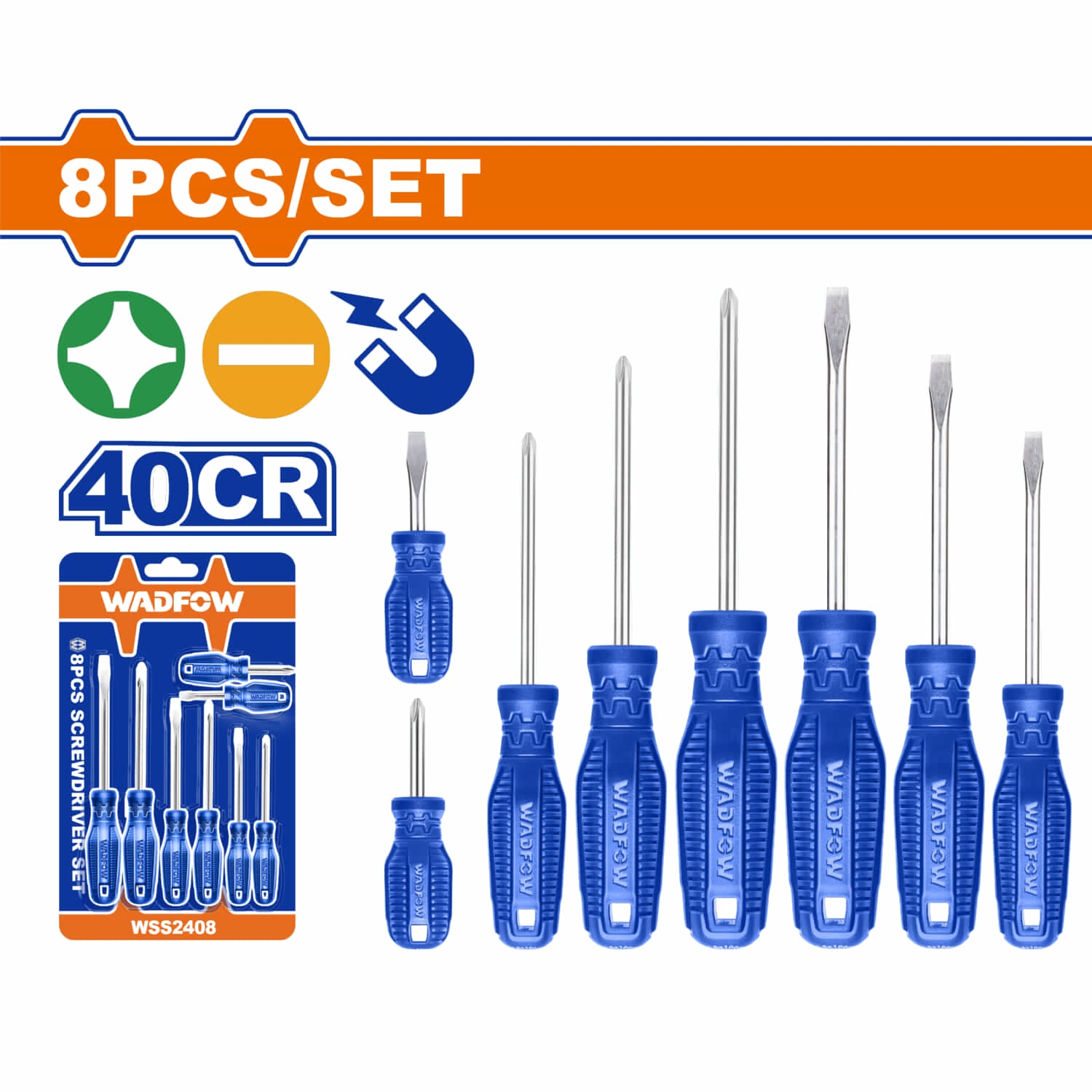 Destornilladores Punta plana y Punta estrella Mango redondo. 40CR. Magnético (Juego de 8 pzs)