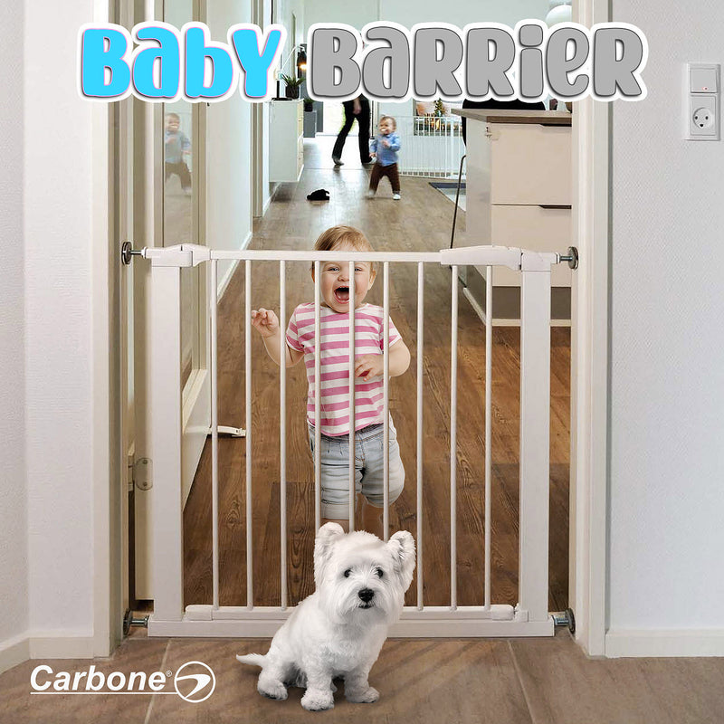 Puerta barrera de seguridad para bebes o mascotas, con una extensión entre 76 a 84cm, color blanco