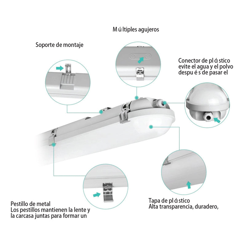 Lampara lineal colgante Rectangular Industrial IP65. 60 Watt. 120Volt. 60Hz. Luz Blanca LED (6400K) 6000 Lumens. anti agua para bodegas