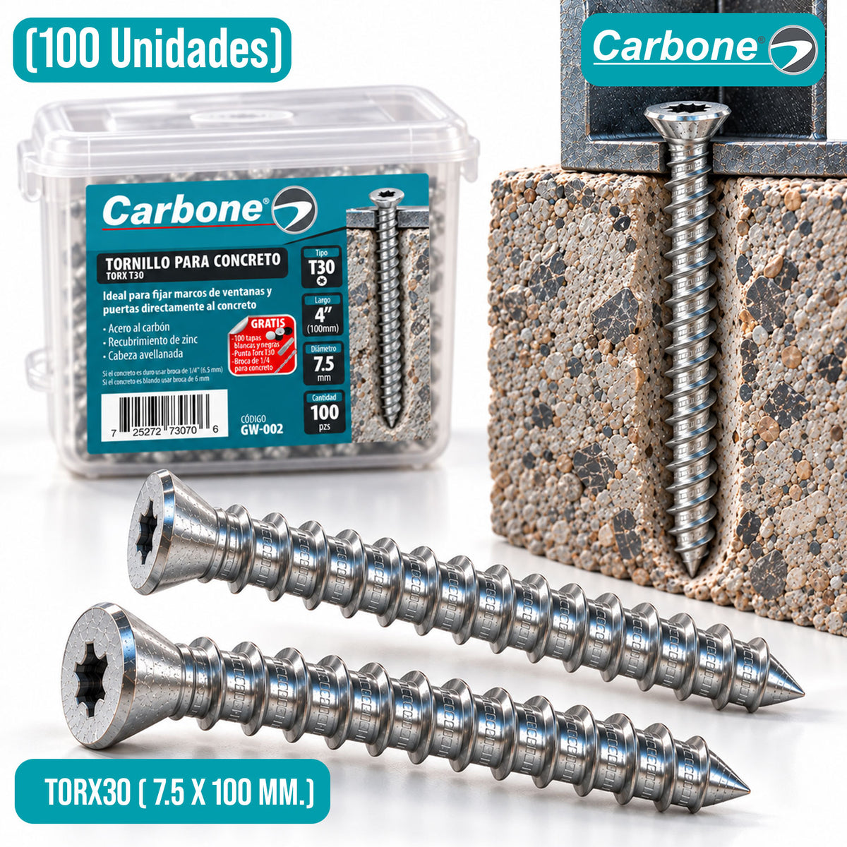 TORNILLO PARA CONCRETO SIN NECESIDAD DE TACO DE ANCLAJE CABEZA TORX30 7.5 X 100 MM. (CAJA 100 PZAS)
