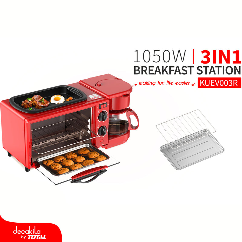 Estación de desayuno 3 en 1, 1050W, 120V/60Hz Cafetera, hornito, plancha