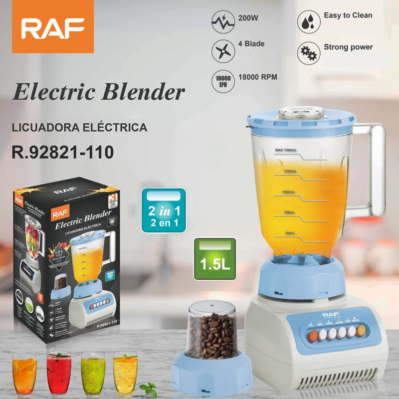 Licuadora 200W 110V/60Hz  1.5L con Molino 2 en 1  4 Cuchillas y 5 Velocidades. Fácil de Limpiar. Blender (Colores Surtidos)