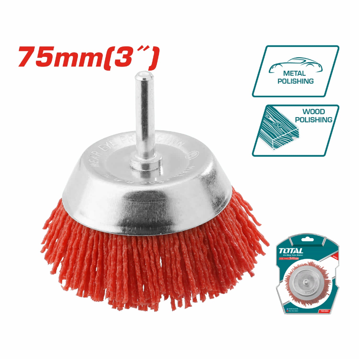 Cepillo de nylon de copa circular para taladro con vástago de 75mm.