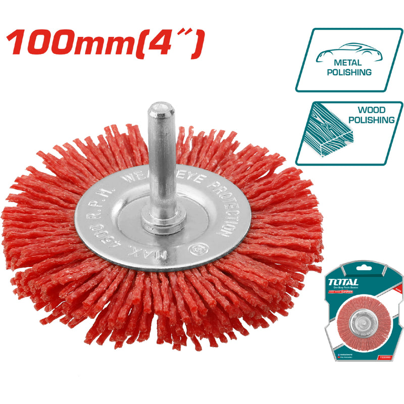 Cepillo de nylon circular para taladro con vástago de 100mm.