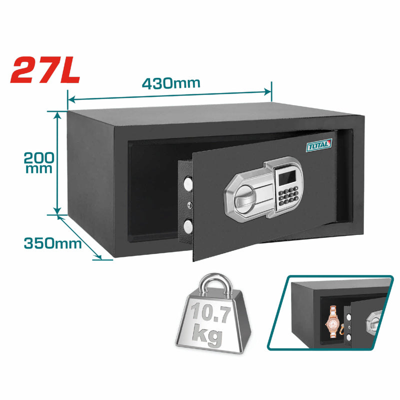 Caja Fuerte de Seguridad 27 L. 200 x 430 x 350 mm. Registra 3 a 8 dígitos.