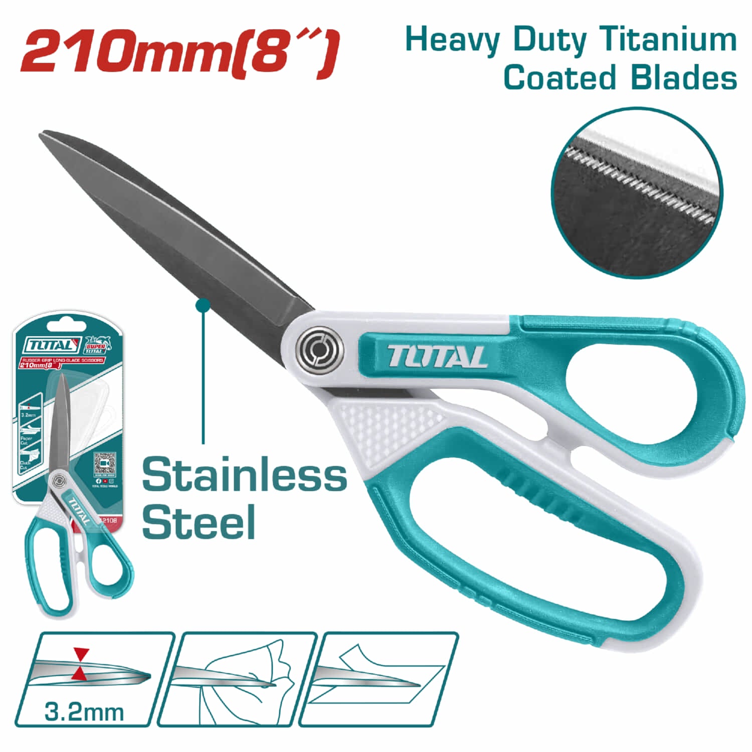 Tijera de 8" de Acero Inoxidable. Ancho de la hoja: 3.2mm. Mango ergonómico de goma.