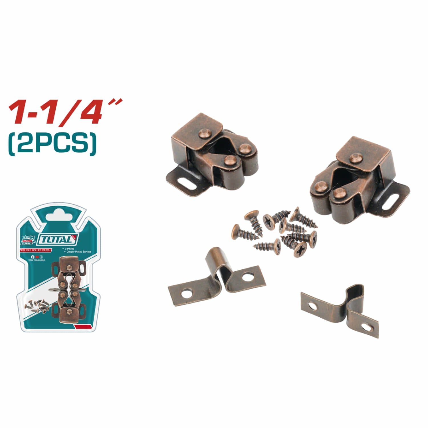 Retenedor de puerta doble rodillo. 1-1/4" (2 piezas). COPPER PLATED SURFACE. Incluye sujetadores.
