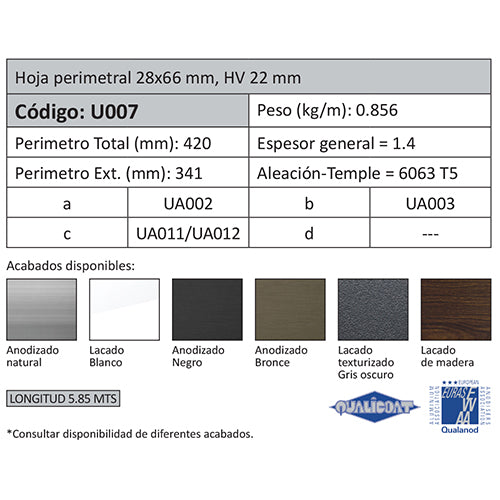 Perfil Hoja Perimetral de 28x66 HV 22 mm. Espesor 1.4 mm. Largo 5.85 mts. Acabado Lacado Madera Text