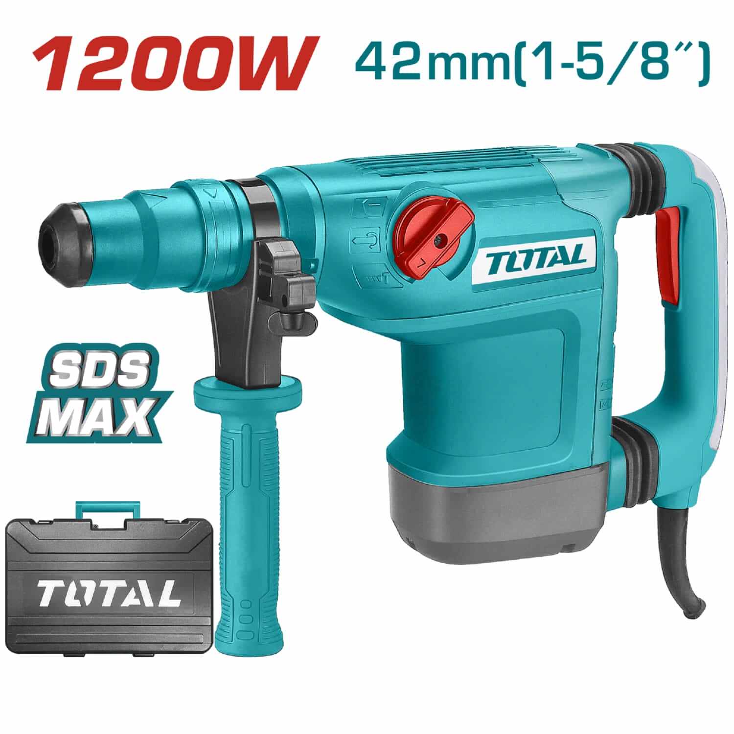 Rotomartillo 1200W TOTAL SDS MAX 2-10J. Velocidad sin carga: 235-514rpm.1350-2950bpm