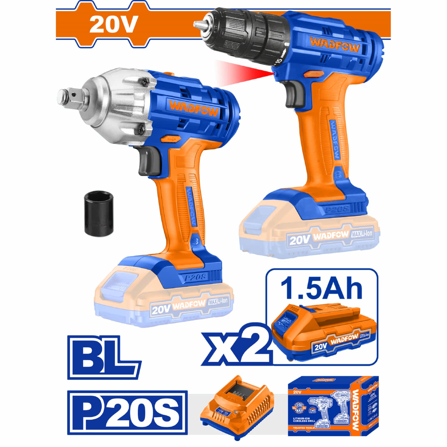 Taladro Inálambrico 1/32-3/8" y Llave de Impacto Motor sin escobillas 20V. Bateria y cargador. En Combo