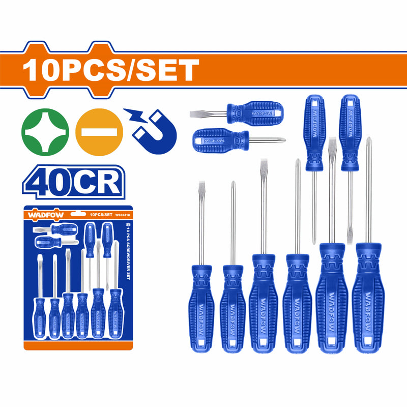 Destornilladores Punta plana y Punta estrella Mango redondo. 40CR. Magnético (Juego de 10 pzs)