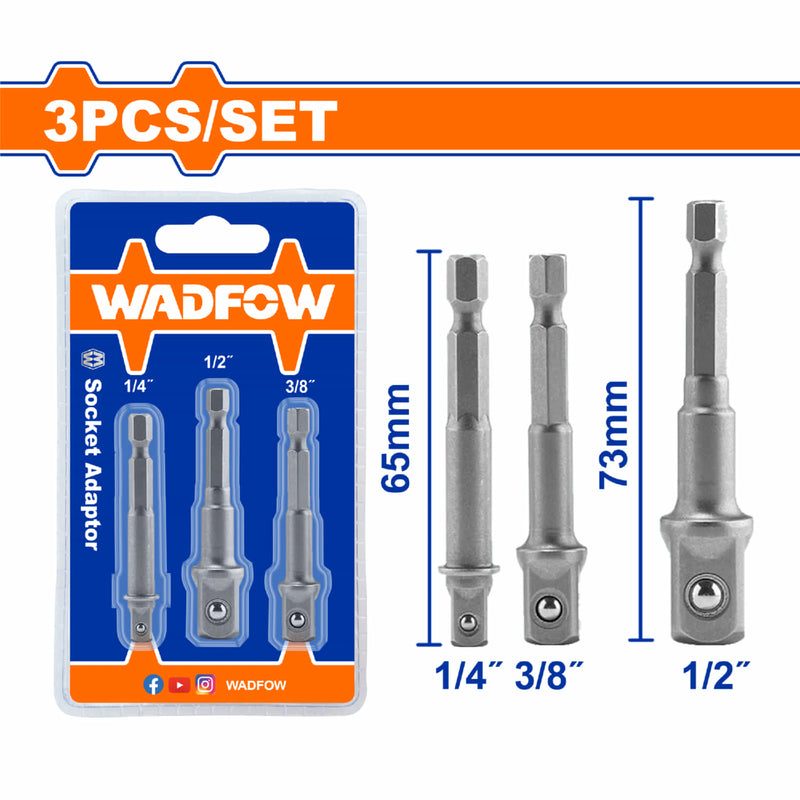Adaptadores para Sockets 1/4", 3/8", 1/2". Zanco 1/4" Hexagonal. Material: 50BV30. Set 3 piezas.