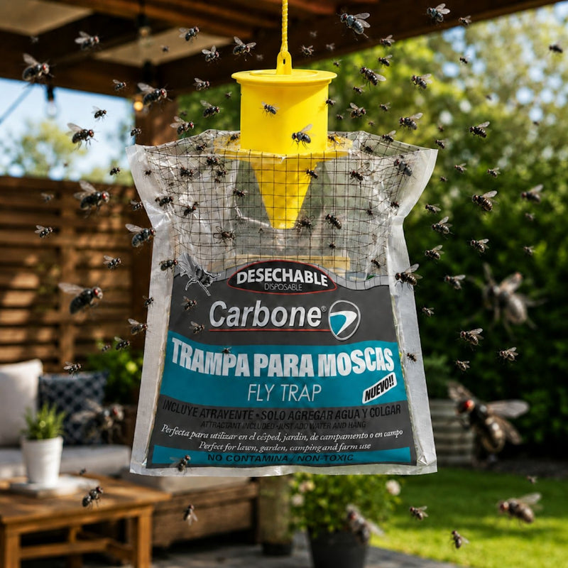 Trampa para moscas desechable. Incluye atrayente. Solo aplica agua y cuelga. Atrapamoscas